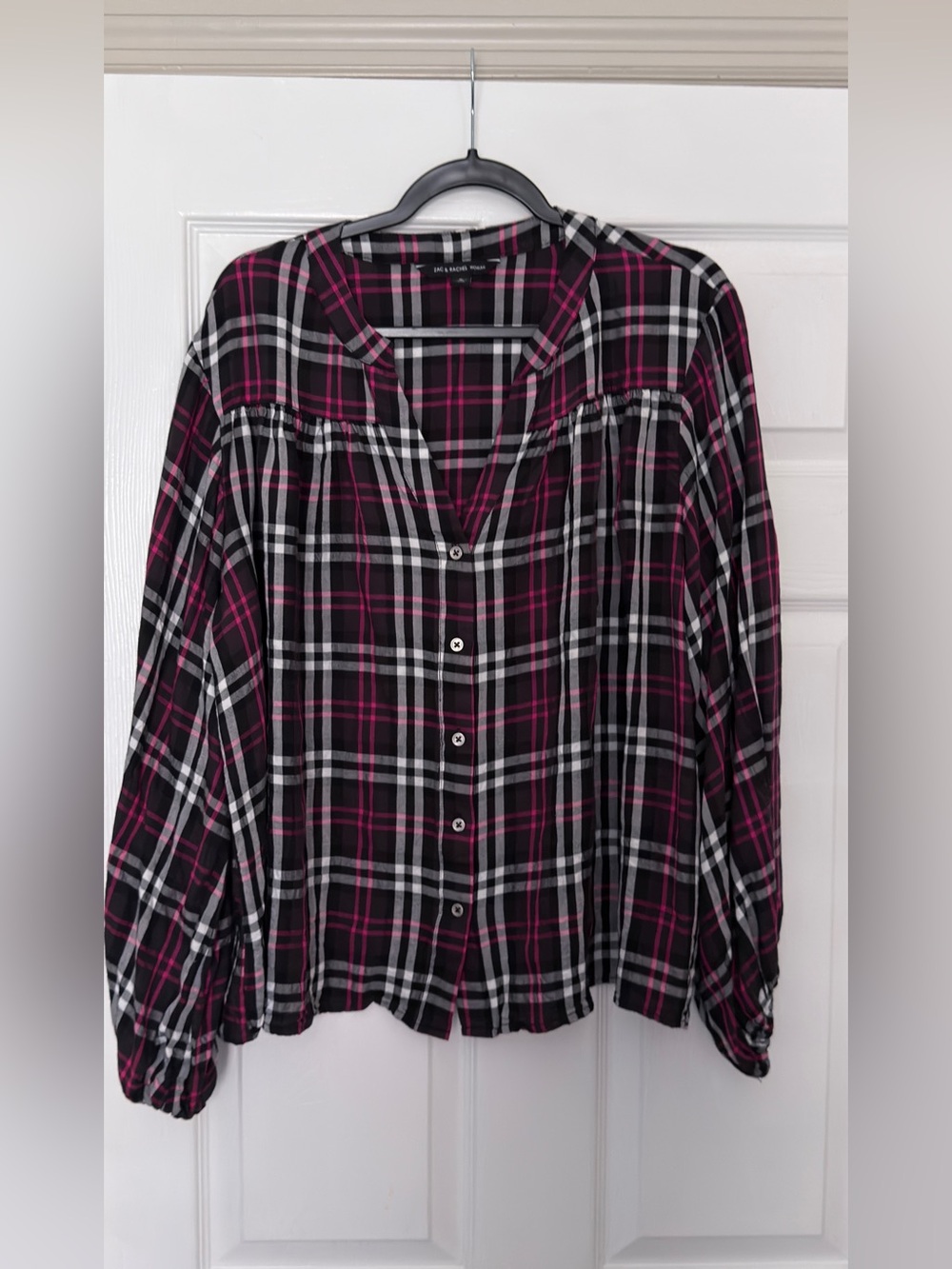 Zac & Rachel Black, White and Pink Plaid Button-Front Blouse Size 1X